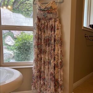 Ruched Bustier Ruffle Trim Hem Floral Print Tube Dress Evening Dress